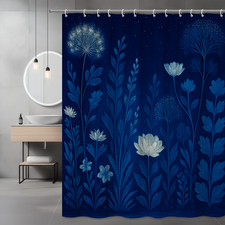 Floral Navy Blue Shower Curtain - Elegant Fabric Design