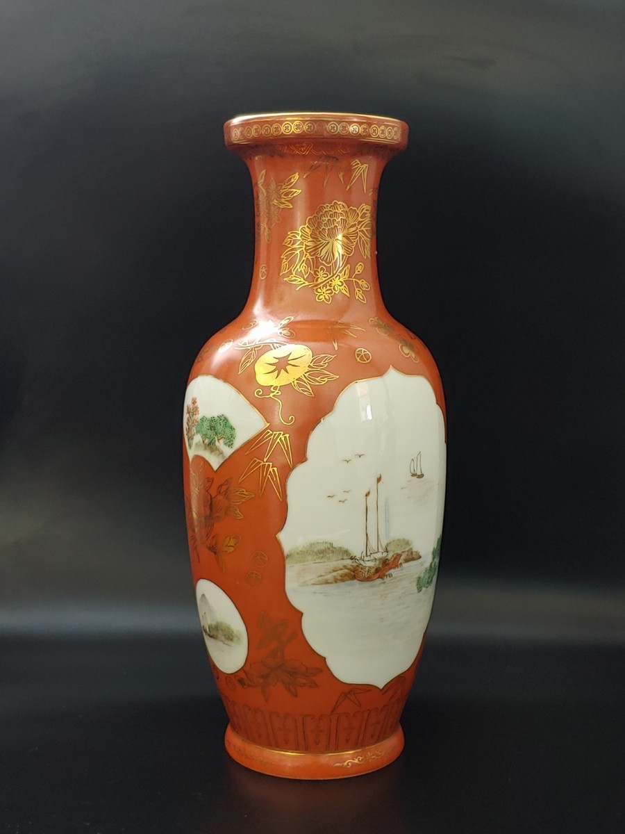 五六七高端瓷器粉彩珊瑚红釉湖山春色图观音瓶Vintage Chinese Famille