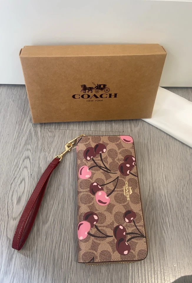 Cartera larga con cremallera alrededor en lona exclusiva con estampado de cereza CZ328 Foto 2 de 4