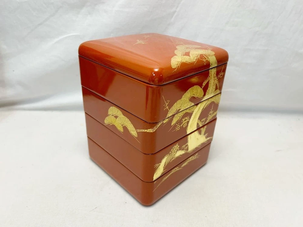 Jubako Bento Box Japanese Almost unused utensils Wooden vermilion lacquer Set of