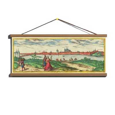 Antique 1582 Early View Panoramic Map of Orleans; Canvas, Magnetic Wooden Hanger
