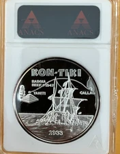 SAMOA 10 Tala 1988 Silver 1oz. Proof 'KON-TIKI Raft & Map'