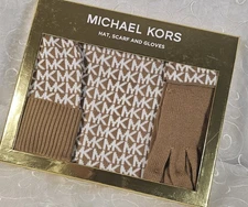 Michael Kors 3 Piece Scarf Hat Glove Boxed Set Camel Tan w/MK Logo SHIPS FREE