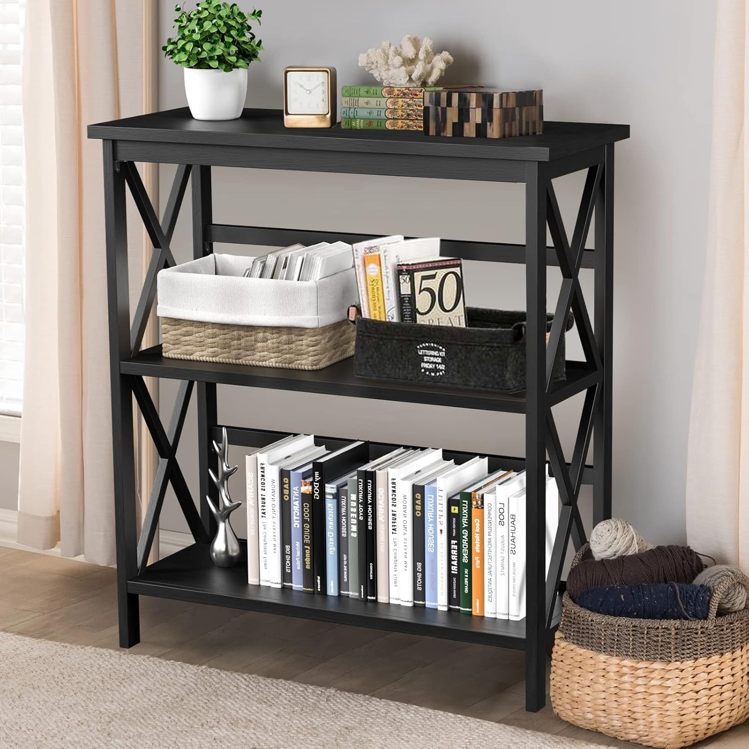 3 Tier Wooden Bookshelf with Open Shelves for Modern Display