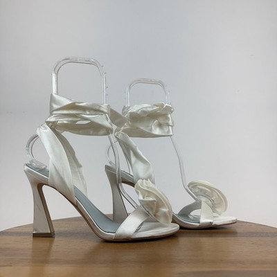 New Womens Nine West Krave White Wedding Flower Lace Up Heeled Sandals Size 8 M
