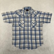 Plains Western Wear Shirt Mens Large Blue Plaid Short Sleeve Western Pearl Snap