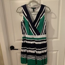 Lauren Ralph Lauren Womens Striped Pleated Sleeveless Dress Size 6 VNeck Blue