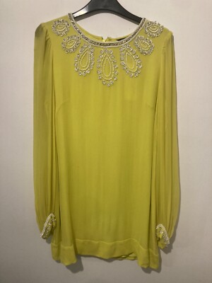 French Connection Vintage Y2K Yellow Chiffon Mini Dress w Sequins UK12 NWT 