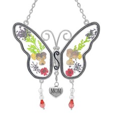 Mother Butterfly Suncatcher with Mom Heart Charm and Pressed Flower Wings 2419