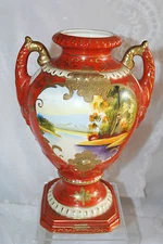 ANTG DOUBLE HANDLED VASE(s) HAND PAINTED LANDSCAPE GOLD NIPPON PAULOWNA BLOSSOM 