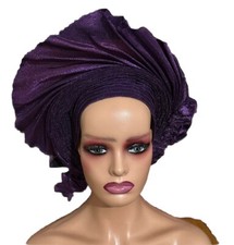 Purple Autogele Aso-Oke African Headtie Auto Gele, Yoruba Gele -NEW