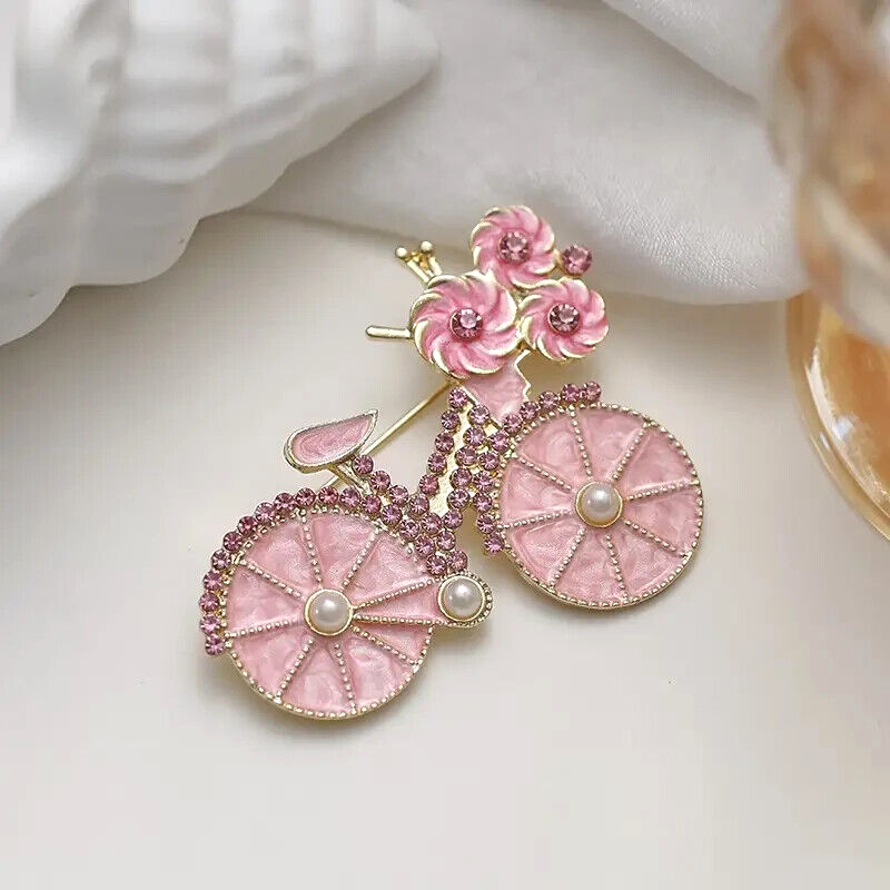 Pink Floral Bicycle Brooch Pin for Women Girls Holiday Gift Fashion Accessory New