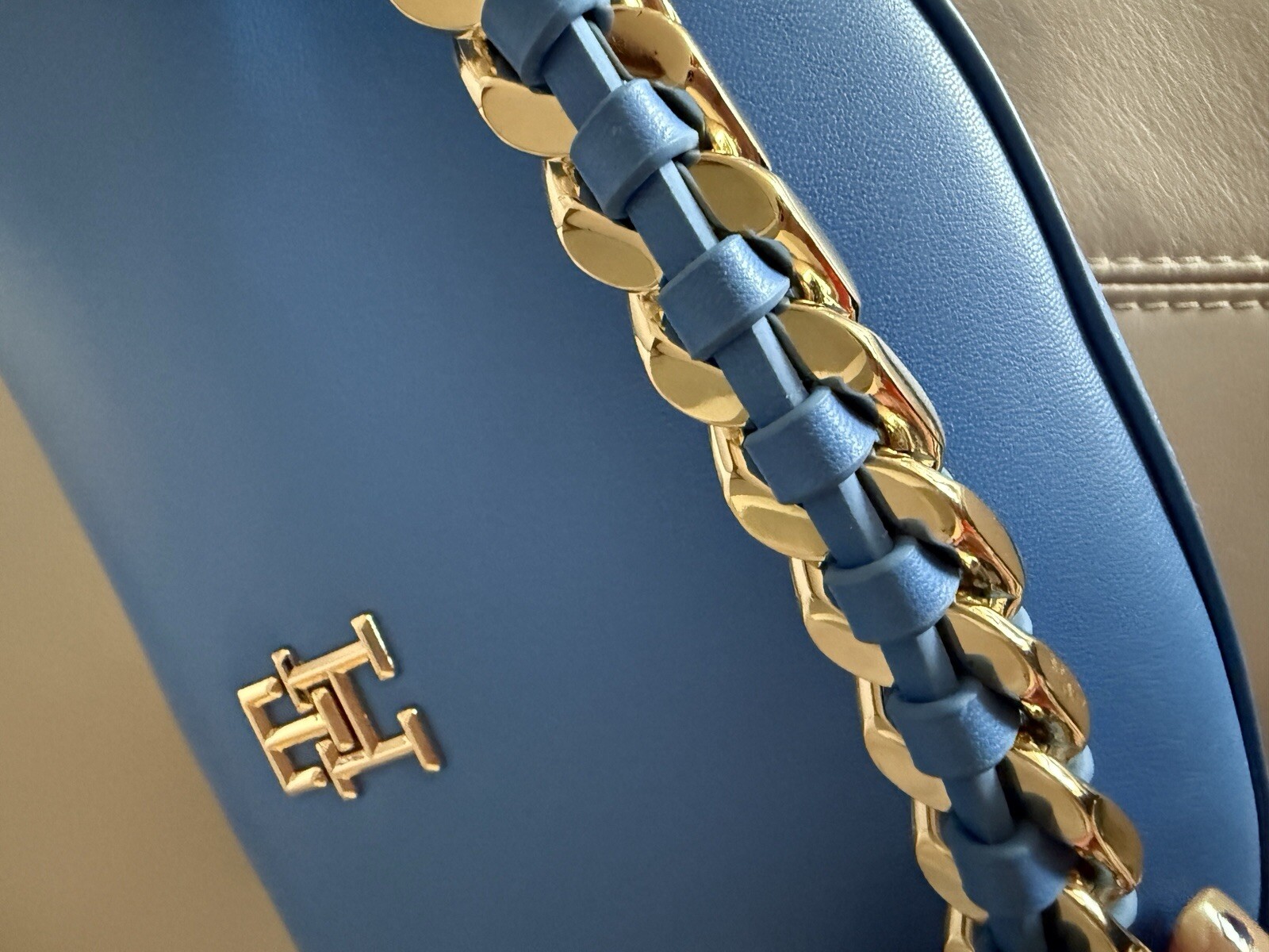 tommy hilfiger bag Half Moon Shape Blue Gold Strap Over Shoulder Or Crossbody image 3