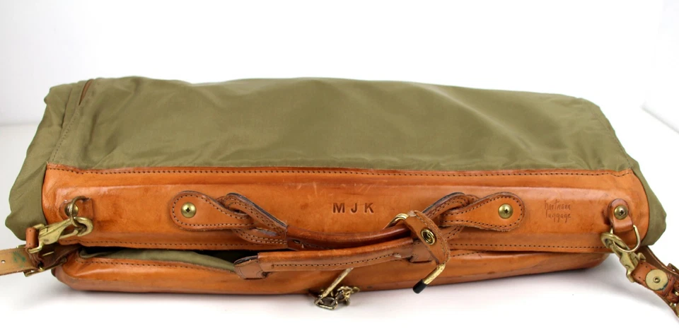 VTG Hartmann Tan Brown Leather Trim Green Nylon Garment Wardrobe Bag Full Size - Image 3 of 4