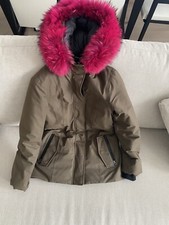 Authentic Mackage Hooded Parker Womens Khaki Coat With Bright Pink Fur Hood