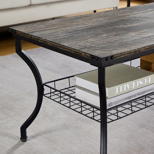 VECELO Coffee/End Table Set 3-Pcs MDF/Metal Brown w/ Open Mesh Storage Shelves - Picture 8 of 10
