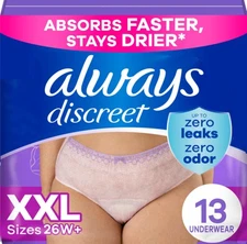 13 Count Always Discreet Adult Incontinence Underwear for Women and Postpartum