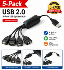 USB 2.0 1-to-4 Y Splitter Cable 5-Pack USB Male to 4 Female Extension Adapter