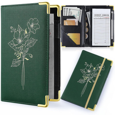 Server Books for Waitress, PU Leather Server Book with Zipper Pockets, Flower Pa