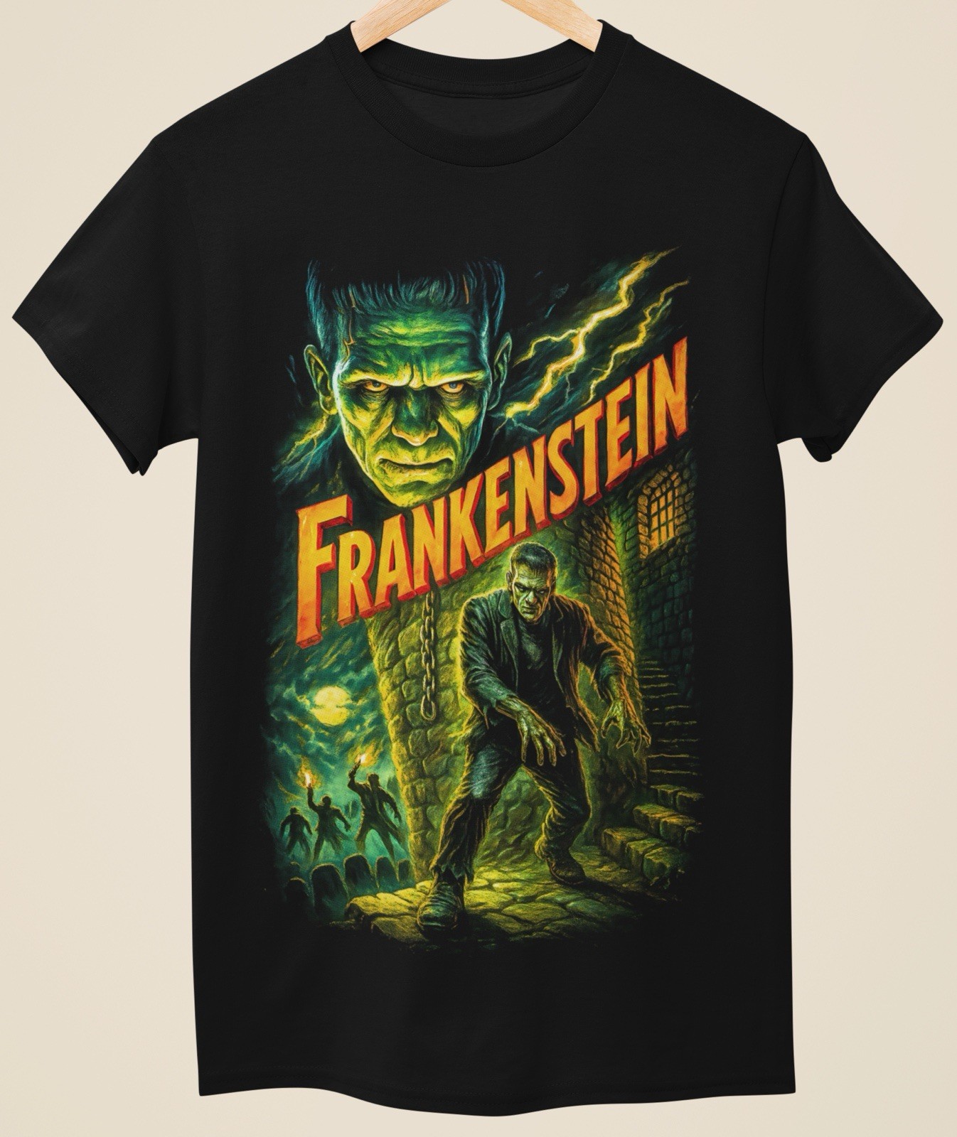 Camiseta Evil Horror Frankenstein Única Halloween Unisex Negra Estampada (HO-010)