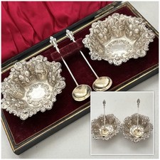 Victorian Hallmarked Sterling Silver Salt Bowls & Spoons Boxed