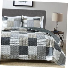 3-Piece Queen Quilt Set, Lightweight Soft Full Size Queen 90x90 Grey Plaid