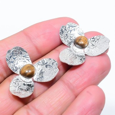 Tiger Eye Gemstone Handmade 925 Sterling Silver Jewelry Stud Earring Size 1.5''