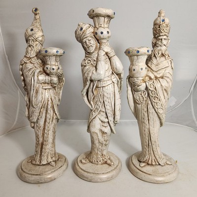 VTG Nativity 3 Wiseman/3 Magi Plaster Candlesticks With Blue Faux Stones 15  Rea