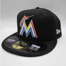 New Era Miami Marlins Hat Mens 7 7/8 Black 59FIFTY Authentic On-Field Fitted Cap