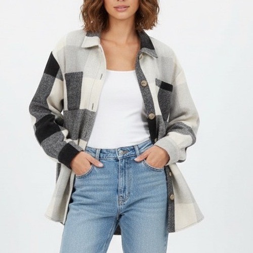 Womens Plaid Shacket Oversized Button Front Shirt Jacket Size Medium