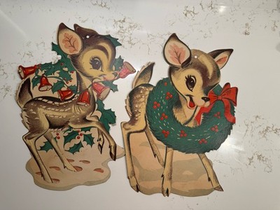 (2) Vintage Beistle Shippensburg Diecut Cardboard Christmas Reindeer Fawn Babies