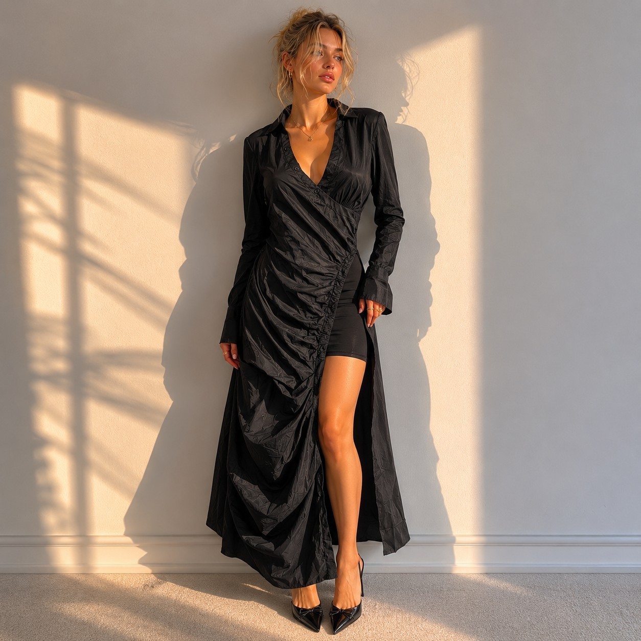 Avant Garde Black Draped Faux Wrap Dress Size S High Slit Gothic Minimalist Maxi