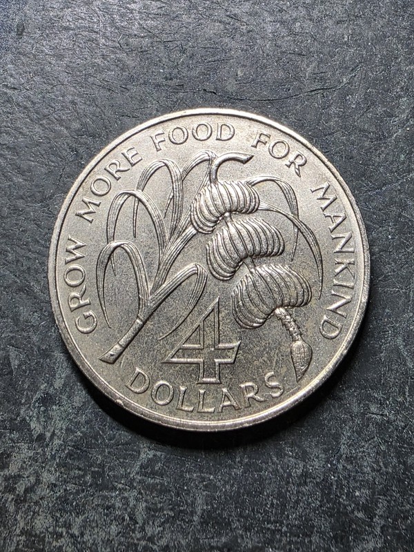1970 Barbados 4 Dollars Sugar Cane Arms FAO Coin UNCIRCULATED EXAMPLE