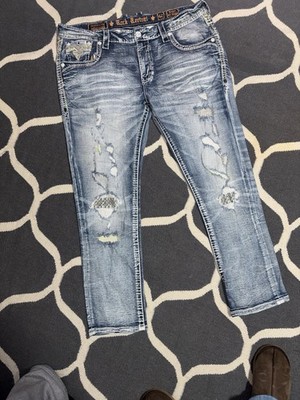 Rock Revival Straight Jeans Blue Denim Button Zip Logo Distressed 5-Pocket
