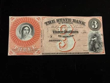 1800’s $3 The State Bank DETROIT Michigan Obsolete Currency