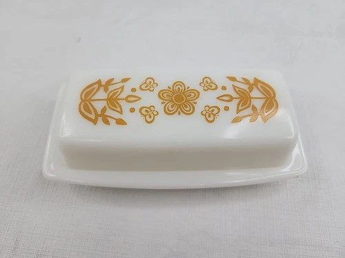 Vintage Pyrex Covered Butter Dish Made In USA Gold Floral And Butterflies