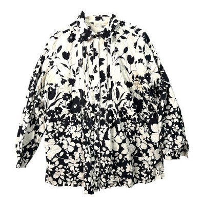 Jones New York Sport Women s 1X Black White Floral Pintuck Button Down Shirt