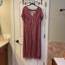 Eddie Bauer Dress Women XL Shirt Dress Midi V-Neck Short Sleeve Floral Pink