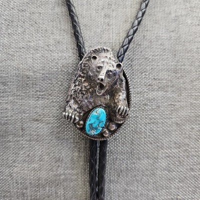 Navajo Native American Southwest Sterling Silver Turquoise Grizzly Bear Bolo Tie