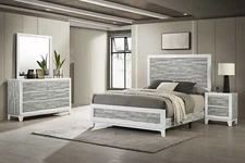 Rustic Gray White King Size 5pc Bed Set Wooden Bedroom Furniture