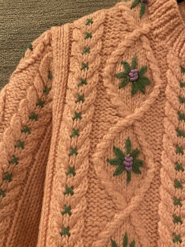 Great Vintage Handmade Pink Green Flowers Cardigan Sweater S M - 第 3/7 張圖片