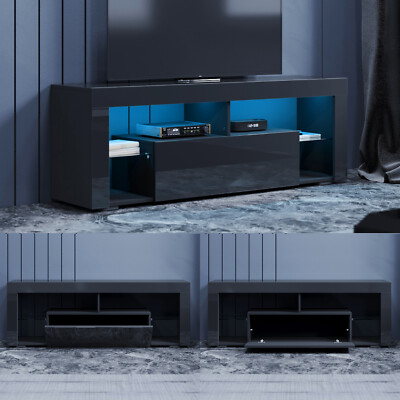 TV Schrank mit Beleuchtung Klapptür Glasregal TV Lowboard Schwarz Hochglanz