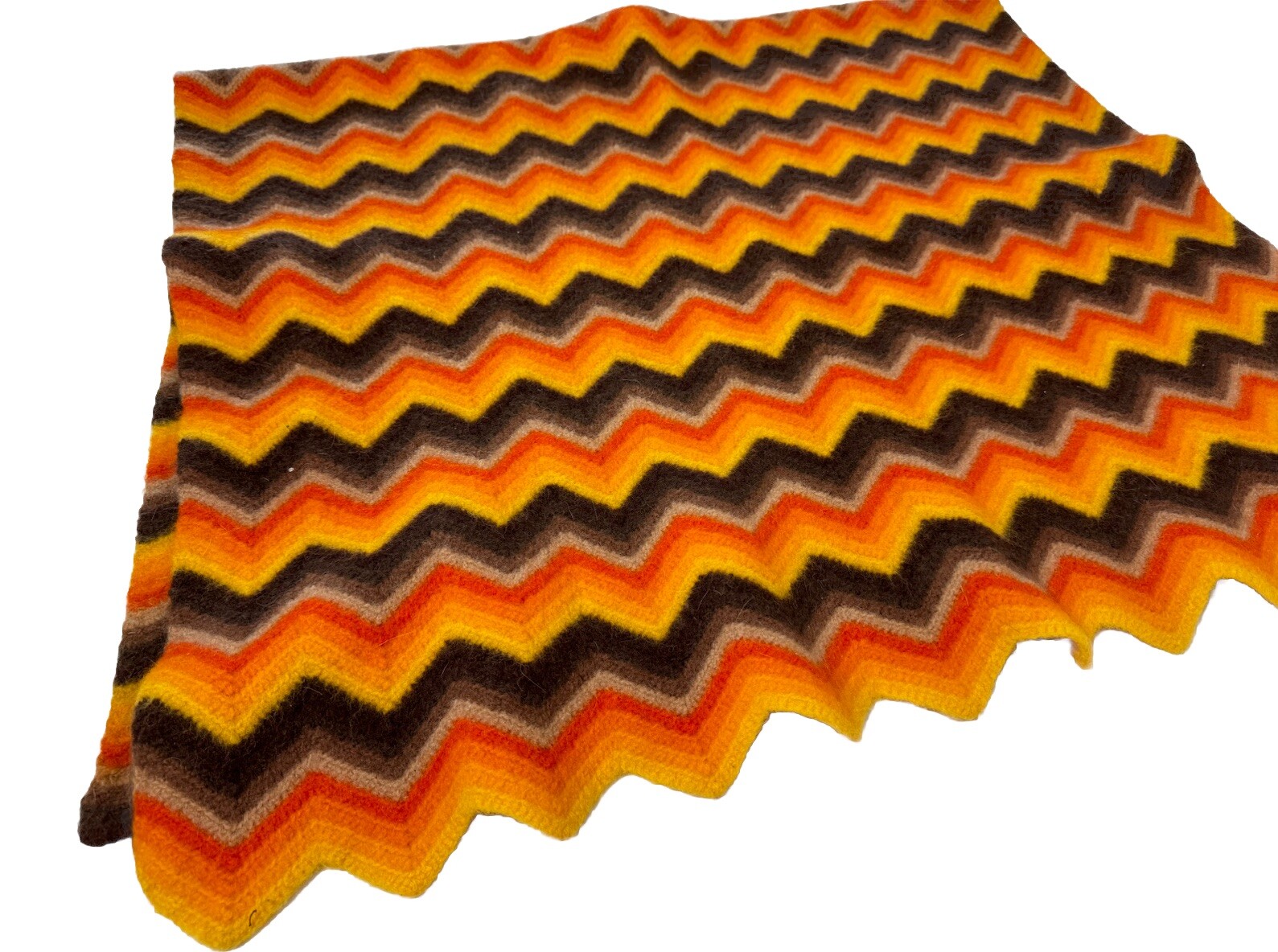 Vtg Fall Colors Wool Zig Zag Chevron Crochet Afghan Granny Throw Blanket Knit