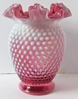Vintage Fenton Cranberry Opalescent Glass Hobnail Large Vase Ruffle Top