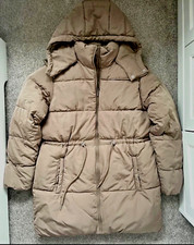 Women's Matalan Padded 3/4 Coat Beige Hood Pockets Drawstring Waist Size 10