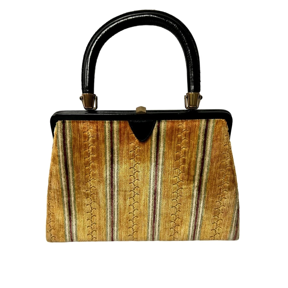 Vtg 60's Mel Ton MoD IRRIDECENT GOLD Stripe Hand Bag CARPET Purse VELVET Satchel - Image 3 of 4