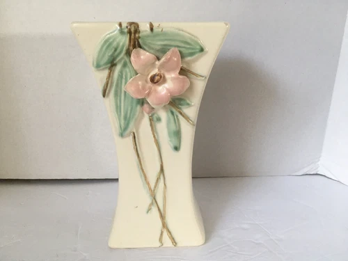 McCoy Pottery Blossom Time Vintage 1940s  Applied Floral Pink Flower 8" Vase