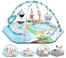 Baby Gym Play Mat, 8-in-1 Tummy Time Mat  Ball Pit with 6 Toys, Washable Baby