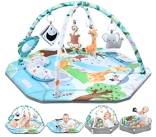 Baby Gym Play Mat, 8-in-1 Tummy Time Mat & Ball Pit with 6 Toys, Washable Baby