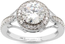 1.6ct Round Cut  Moissanite Halo Engagement Ring in 14K Solid White Gold